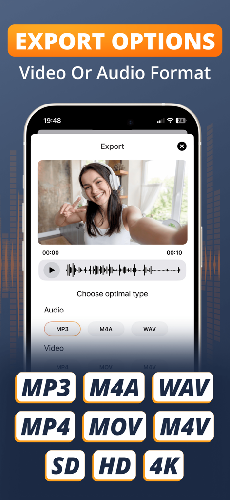 Mobile app interface showing export options for various audio and video formats like MP3 MP4 and 4K quality