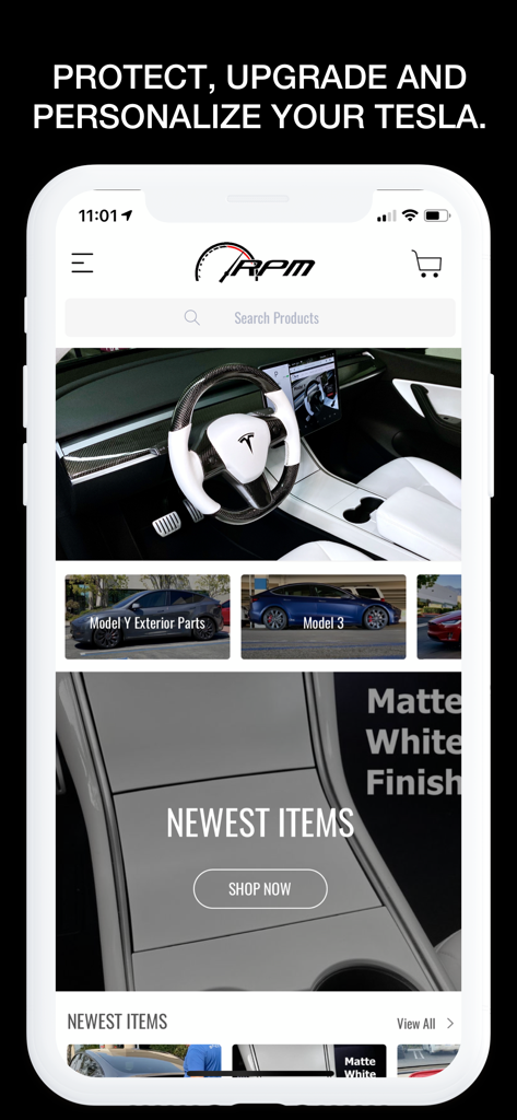 The RPM Tesla app home screen showing various aftermarket car accessories and parts