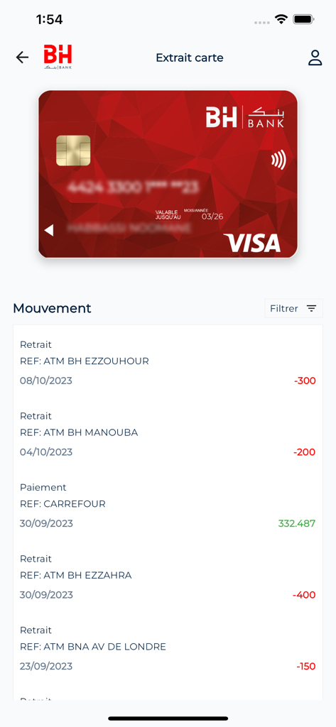 BH MOBILE - BH Mobileバンキングアプリのインターフェース。Visaカードと最近の取引が表示されています。