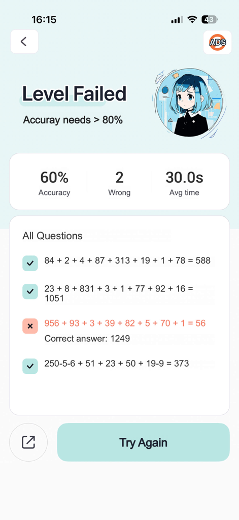 Abacus Mental Math Training - Captura de pantalla de la pantalla de resultados de la aplicación Entrenamiento de Cálculo Mental con Ábaco que muestra un nivel fallido con un sesenta por ciento de precisión.