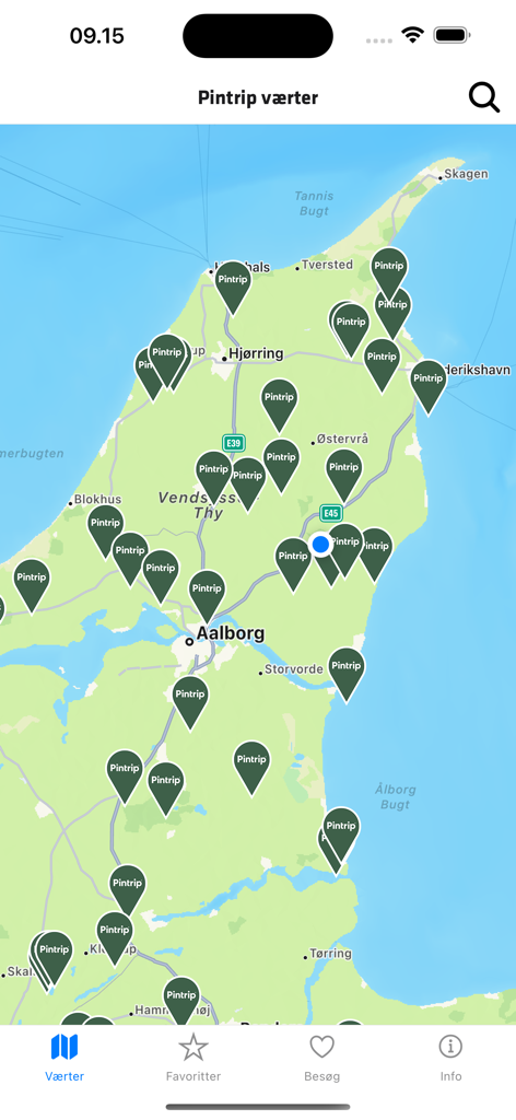 Pintrip - motorhome stopovers - Interactive map of Denmark showing green pins for Pintrip motorhome stopover locations