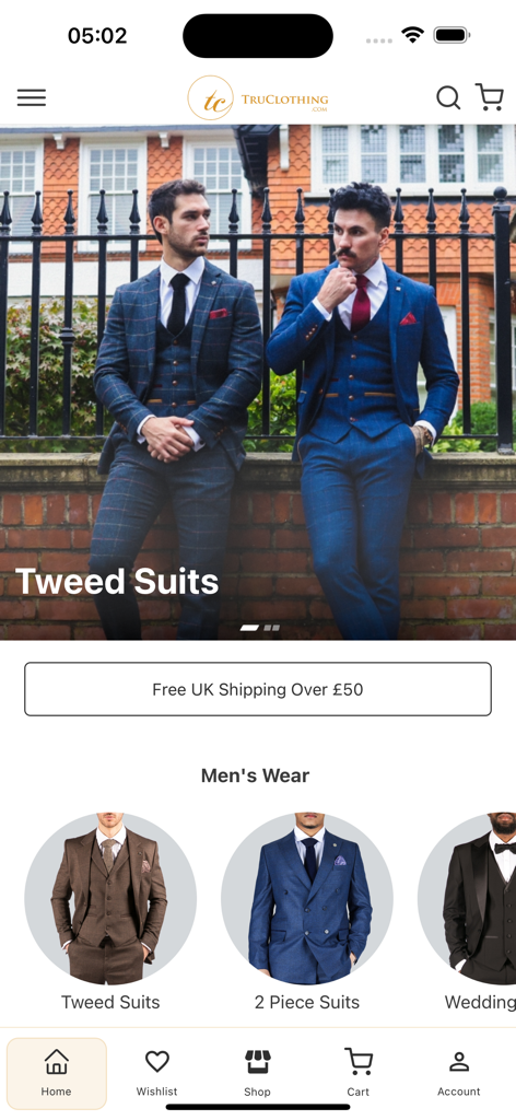 TruClothing.com - TruClothing app home screen displaying men's tweed suits and formal wear categories.