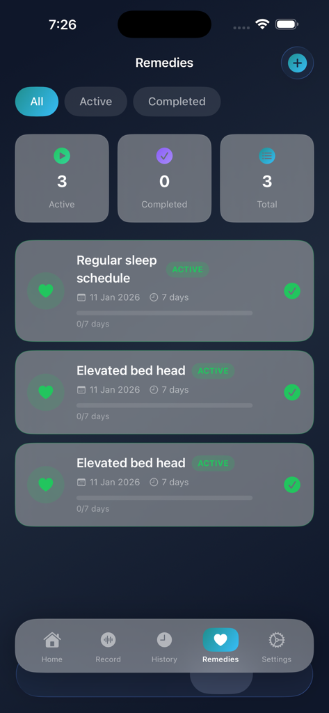 Snore Recorder Tracker - Remedies screen in the Snore Recorder Tracker app displaying active sleep improvement tasks like regular sleep schedule and elevated bed head.