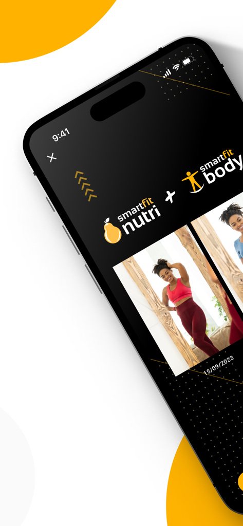 Smart Fit Nutri app interface showing the integration with Smart Fit Body and progress photos of a woman in a fitness setting
