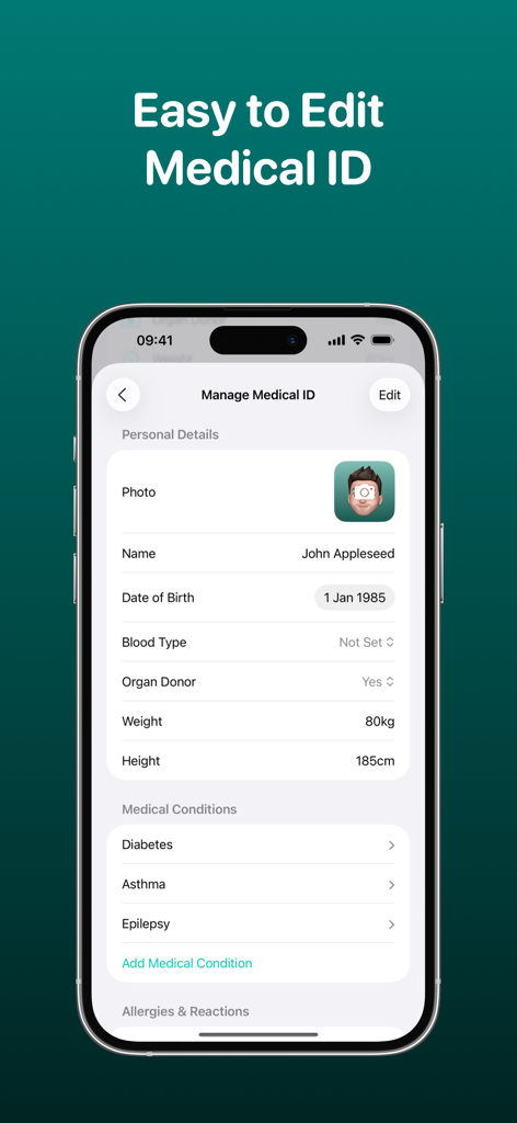Interface of the MediWidget app on an iPhone showing options to edit personal medical information and health conditions