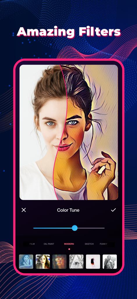 A mobile app interface showcasing artistic video filters with a before and after comparison of a woman's portrait