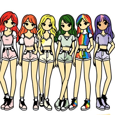 a group of girls wearing crop tops and shorts