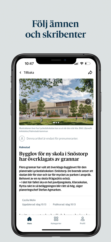 Hallandsposten - Una pantalla de teléfono móvil que muestra un artículo de noticias de la aplicación de noticias locales Hallandsposten
