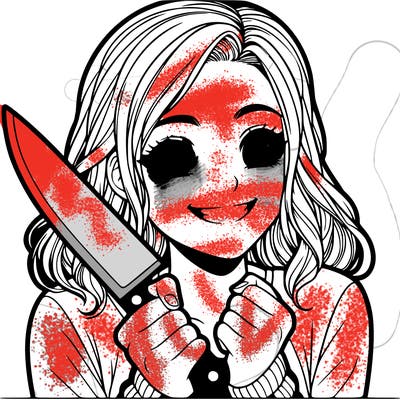 a realistic girl holding a knife and grinning
