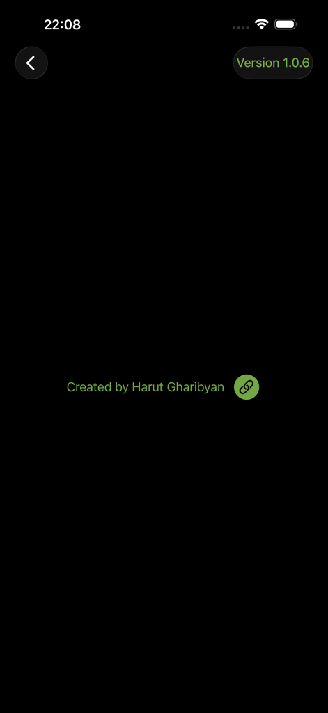 Information screen for the Support EV Cars app showing version 1.0.6 and developer credits for Harut Gharibyan
