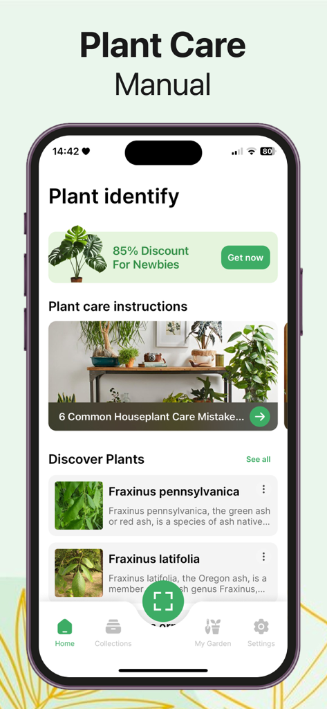 Écran de smartphone affichant les résultats d'identification des plantes et les conseils du manuel d'entretien pour les plantes d'intérieur et d'extérieur.