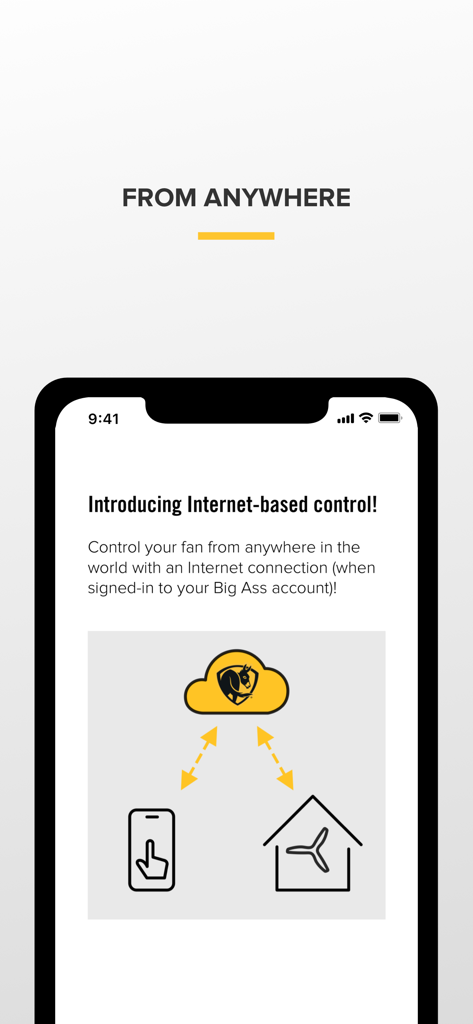 Big Ass Fans - Big Ass Fans App-Bildschirm, der die internetbasierte Steuerung von überall mit einem Smartphone und einer Cloud-Verbindung erklärt.