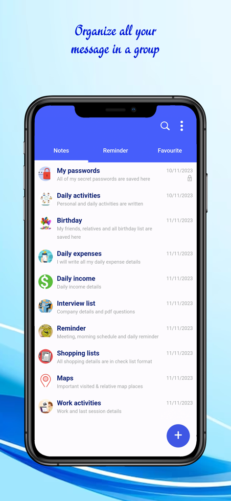 Open notes and reminder - Captura de pantalla de la aplicación Open Notes mostrando una lista de grupos de mensajes organizados con íconos y categorías personalizadas