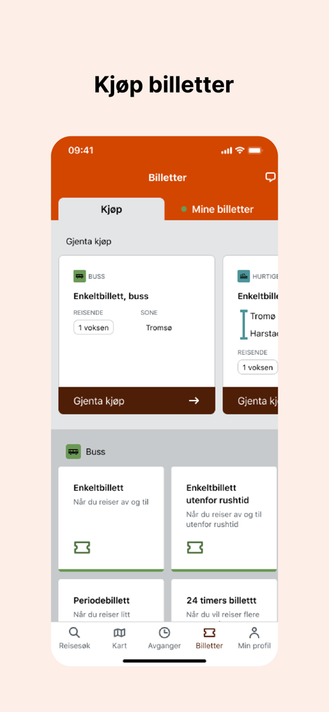 Svipper - Ticket purchase interface in the Svipper app showing bus ticket options for Tromso
