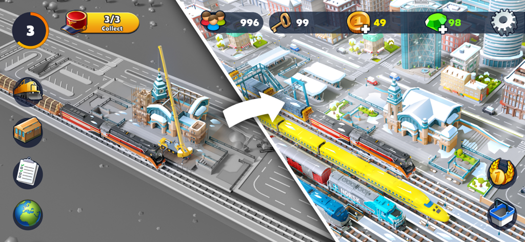 Split screen showing the evolution from a basic train station under construction to a thriving modern railway city with colorful trains