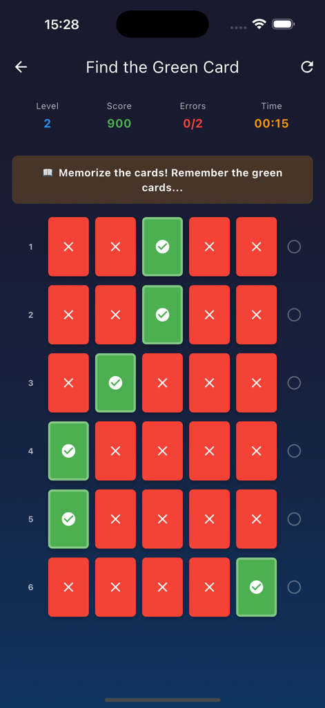 Multi Game Hub - A brain training memory game screen showing a grid of green and red cards in the Multi Game Hub app.