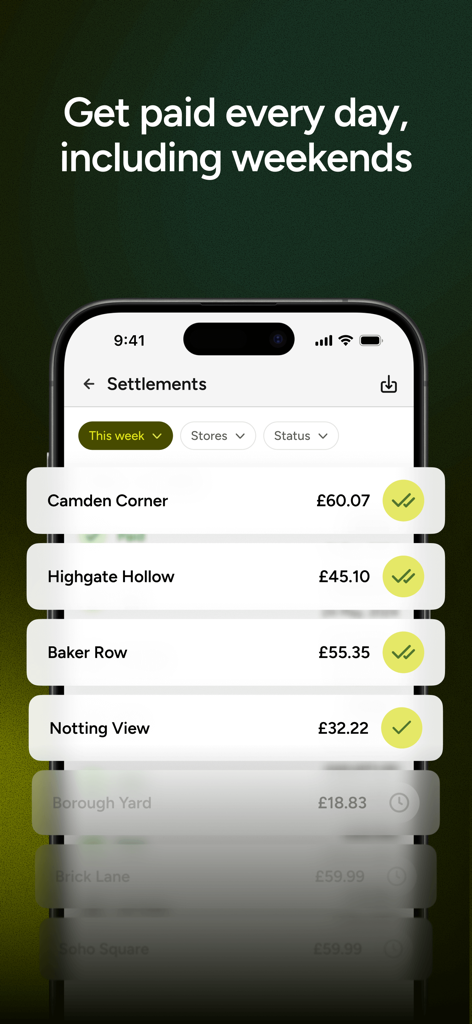 A smartphone screen showing the Teya app settlements interface with daily business payments from different locations.