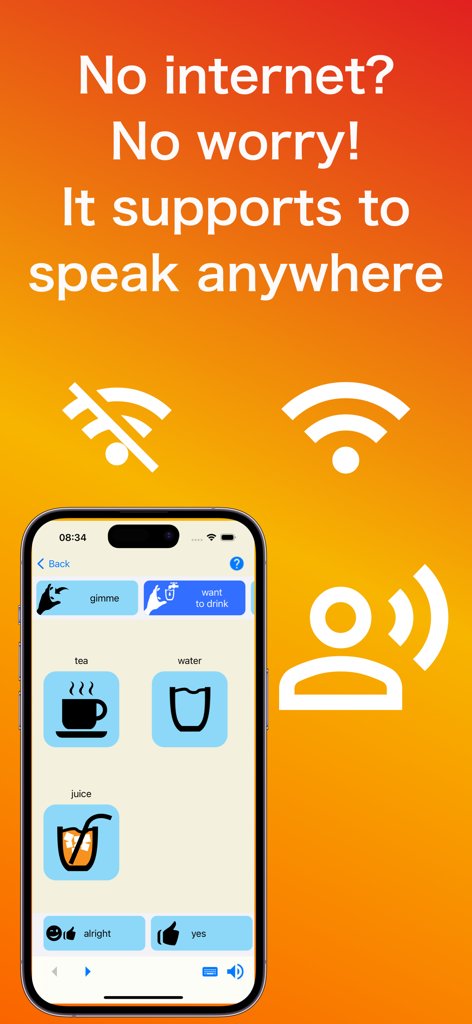 MyVoiceApp plus screen showing speech aid icons and offline support message.