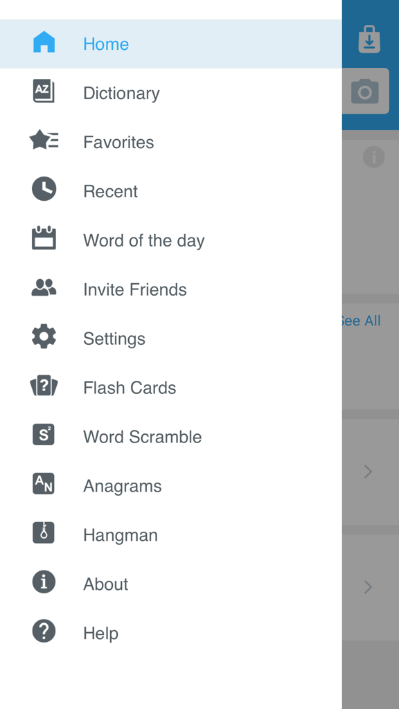 Collins Spanish Dictionary - Menú lateral de la aplicación Collins Spanish Dictionary con opciones de navegación y herramientas de aprendizaje