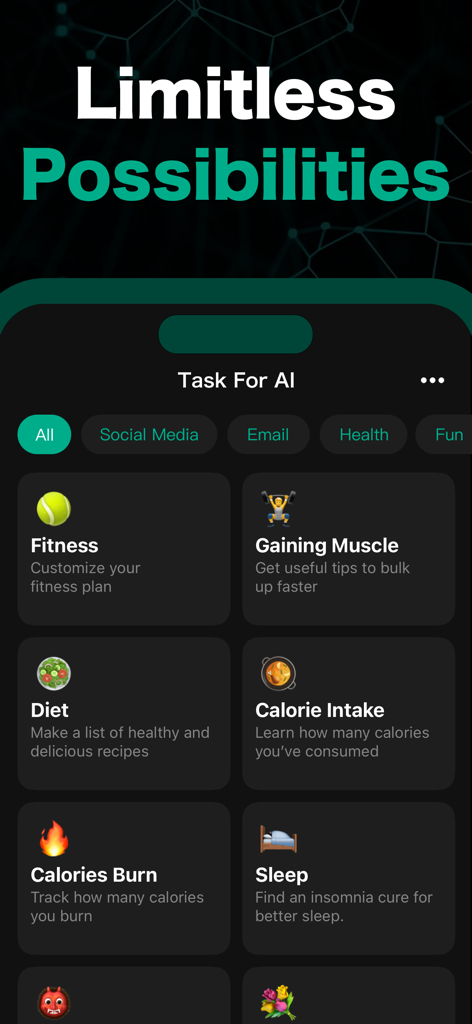 AI Chatbot : Ask AI Anything - Pantalla de la aplicación Chatbot de IA que muestra diversas tareas, incluyendo salud, fitness y dieta, bajo el título Posibilidades Ilimitadas