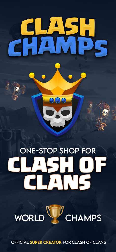 Tela de introdução do aplicativo Clash Champs apresentando um crânio usando uma coroa e a marca Clash of Clans