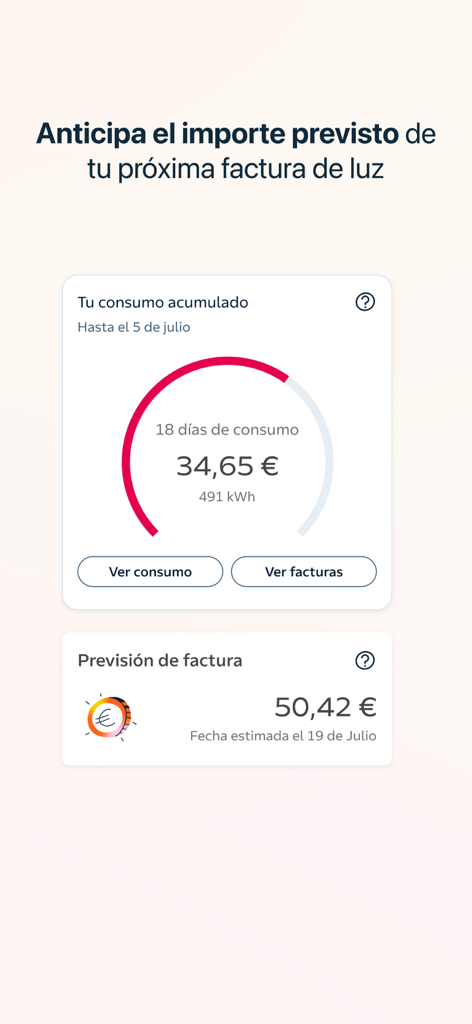 Repsol Vivit - Interfaz de la aplicación Repsol Vivit que muestra el consumo de energía acumulado y la factura de electricidad prevista.