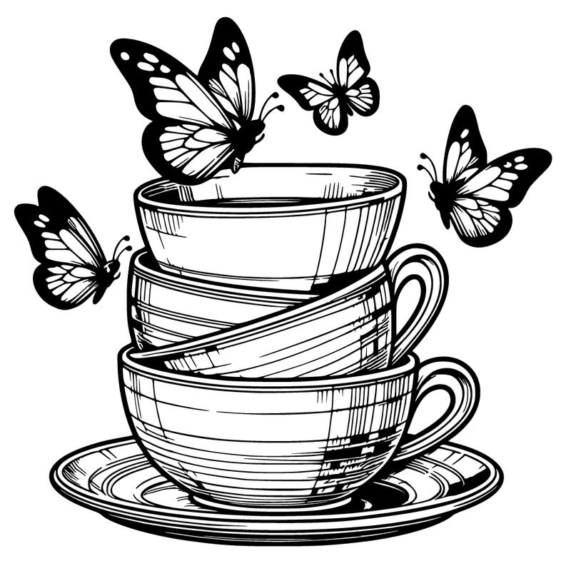 a stack of tea cups with butterfly’s flying around them realistic