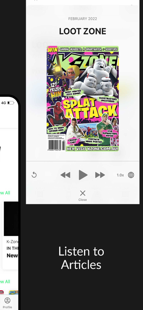 Oberfläche der K-Zone Magazin App, die die Audio-Player-Funktion zum Anhören von Artikeln mit einem abgebildeten Magazin-Cover zeigt.