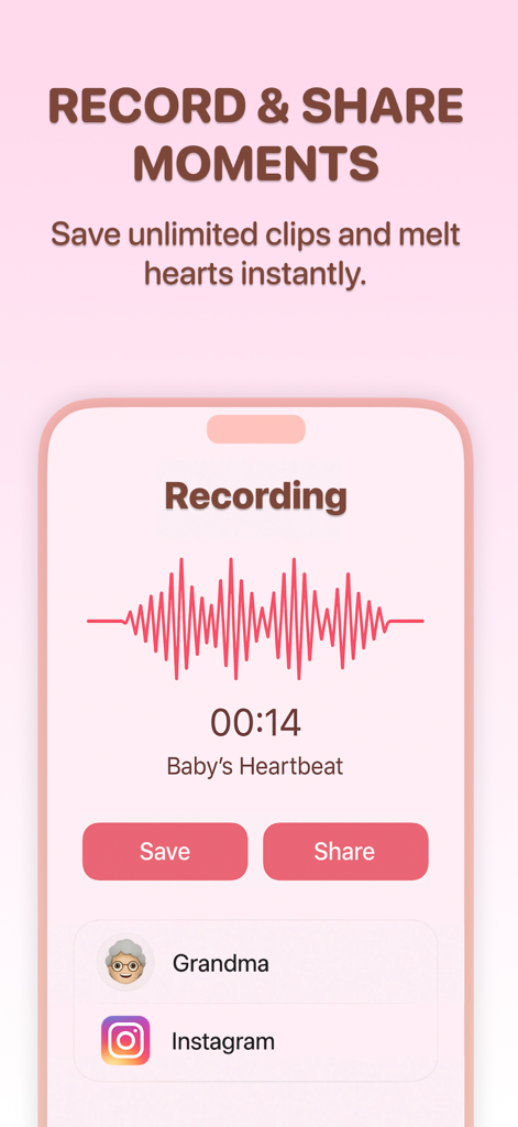 Interface of the Wombly app showing a baby heartbeat recording with options to save and share on Instagram or with family