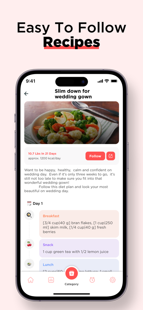 My Daily Diet Weight Watch app displaying an easy to follow diet plan with daily meal recipes