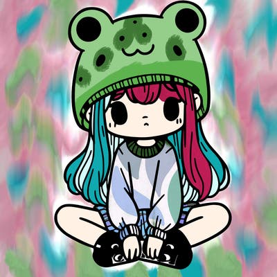 a girl wearing a frog hat and some frog socks
