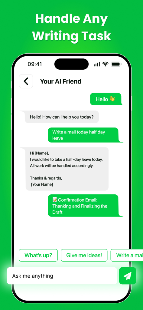Mobile app screen showing an AI assistant drafting a professional email for a leave request.