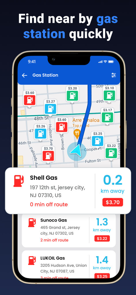 Una pantalla de aplicación móvil que muestra un mapa con gasolineras cercanas y precios de combustible