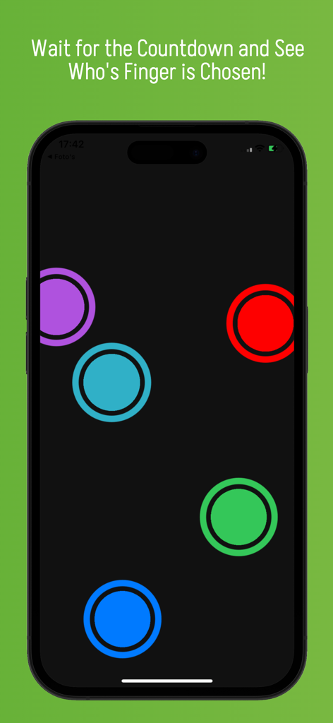 Buzz - Finger Chooser - A smartphone showing the Buzz Finger Chooser app interface with five colorful circles representing finger touches on a dark background