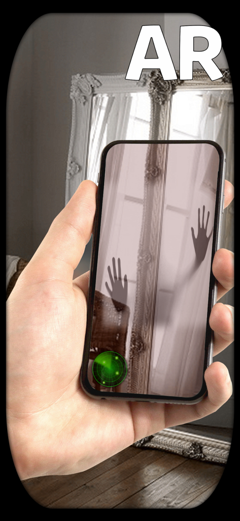 AR Ghosts Radar. Scan & Find - A person holding a smartphone showing spooky AR hand shadows and a green ghost radar over a room view.