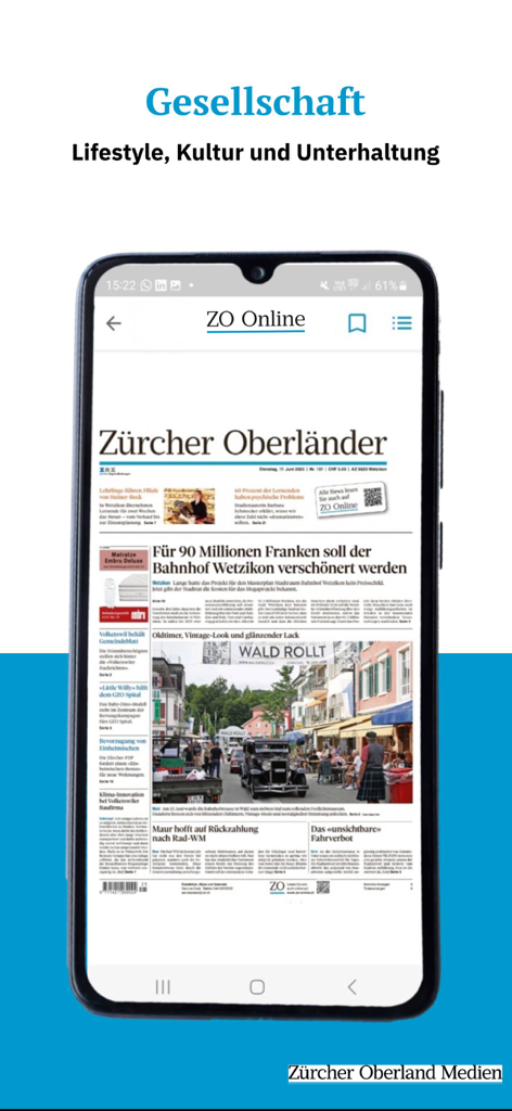 ZO E-Paper - Aplicativo ZO E-Paper em um smartphone mostrando o jornal Zürcher Oberländer em seu layout de impressão original