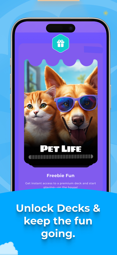 Charades: Family & Party Game - Charades mobile game screen illustrating how to unlock new decks including Pet Life