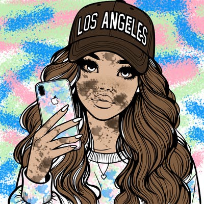 realistic beautiful girl wearing los ángeles cap holding an iphone