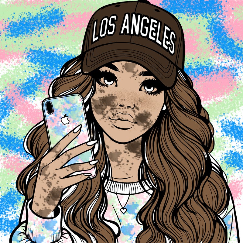 realistic beautiful girl wearing los ángeles cap holding an iphone