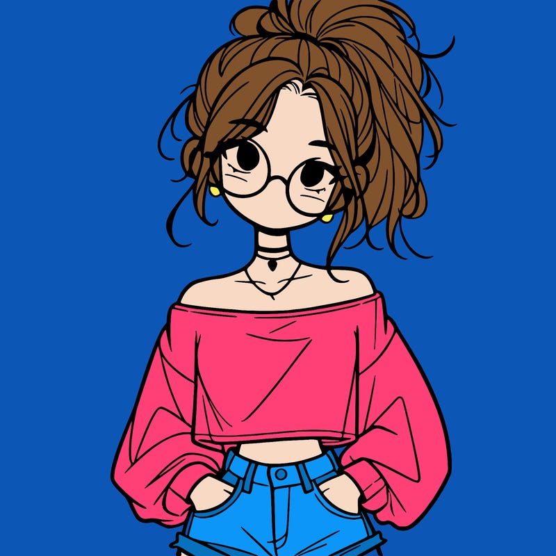 girl with a messy ponytail glasses a baggy crop top and jean shorts