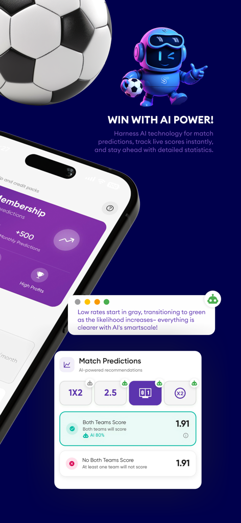 Super Score AI mobile app screen showing match predictions and AI powered statistics