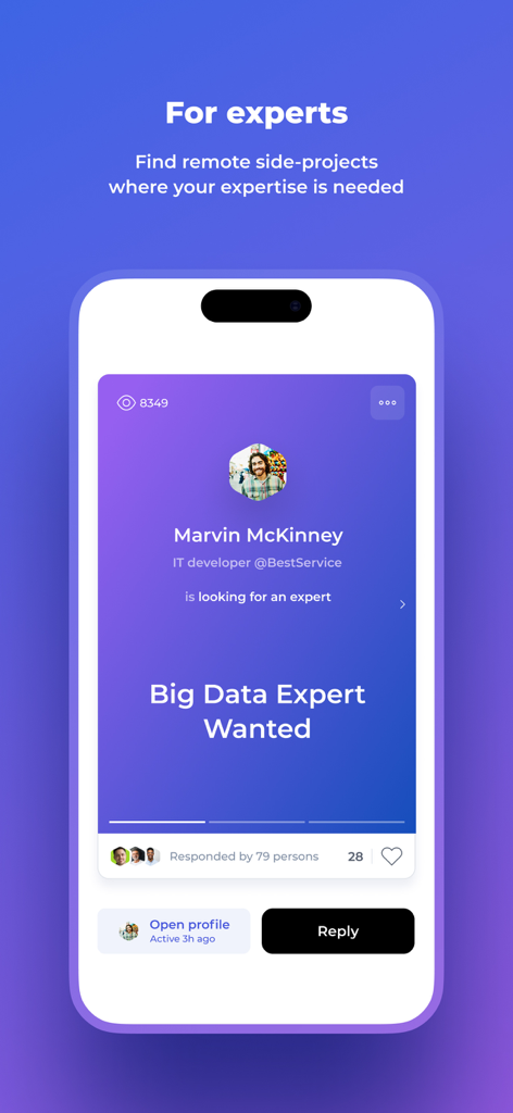 Intch: The Future of Work App - Intch 앱 스크린샷, 빅데이터 전문가에 대한 요청 및 원격 부업 찾기 표시