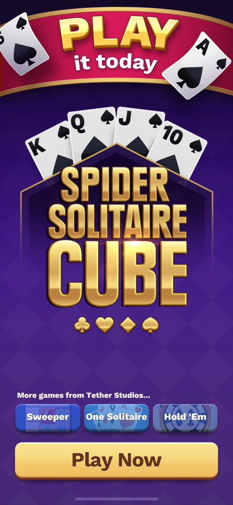 Spider Solitaire Cube - Spider Solitaire Cube Mobilespiel-Titelbildschirm mit Pik-Spielkarten und einem gelben Jetzt-Spielen-Button
