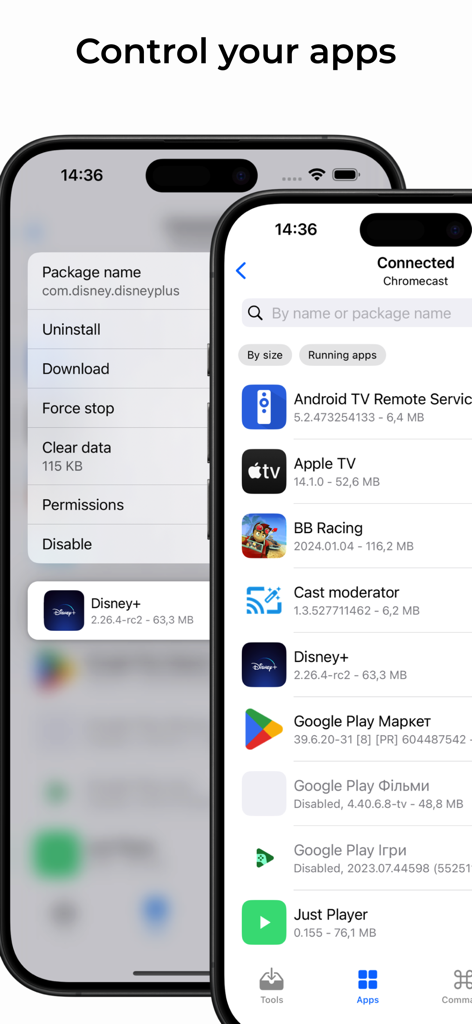 A screen displaying the list of installed Android TV apps on an iPhone with management options like uninstall and force stop