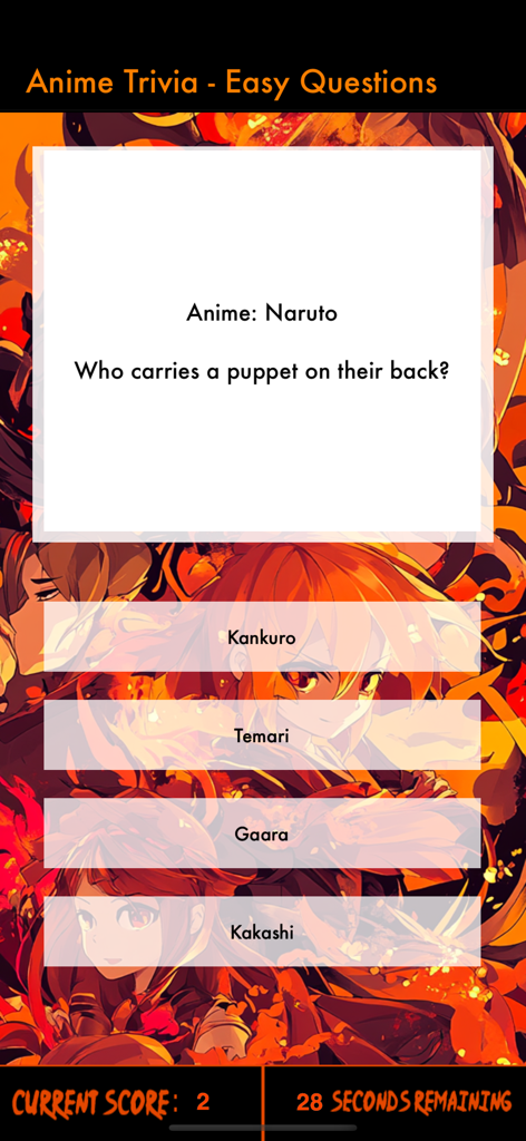 Anime Trivia Pro (Inc. Manga) - Mobile game screen of Anime Trivia Pro featuring a question about Naruto characters.
