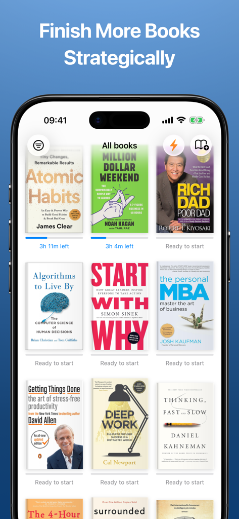 Schermata della libreria dell'app Reading Time che mostra le copertine dei libri con stime personalizzate del tempo rimanente per finire ogni libro