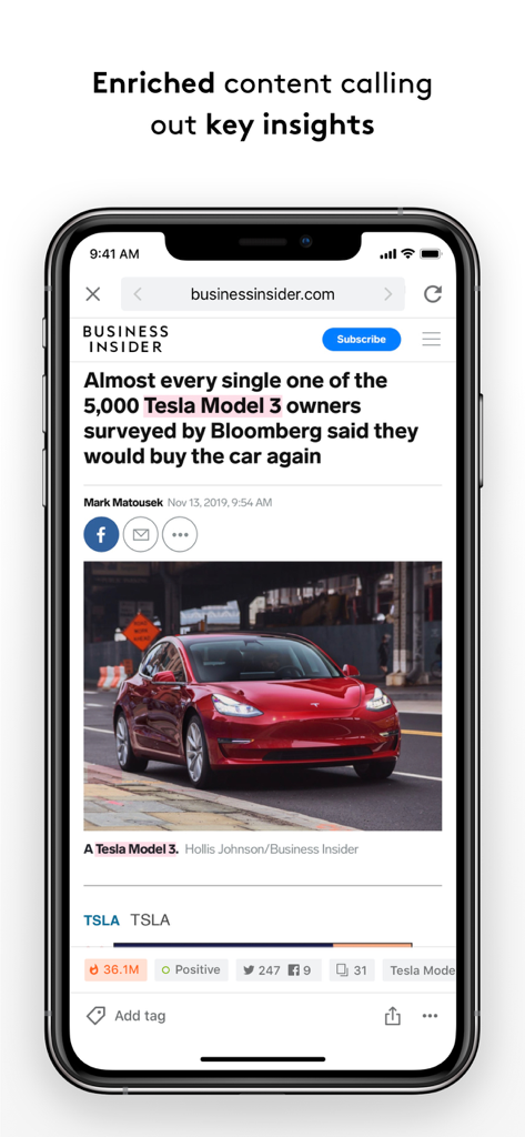 Meltwater Mobile - Meltwater Mobile app screen displaying a news article with highlighted keywords and sentiment analysis metrics
