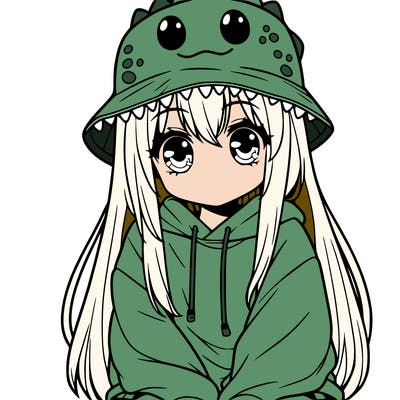 girl with anime shaped eyes with a dinosaur bucket hat oversized sweatshirt long straight hair