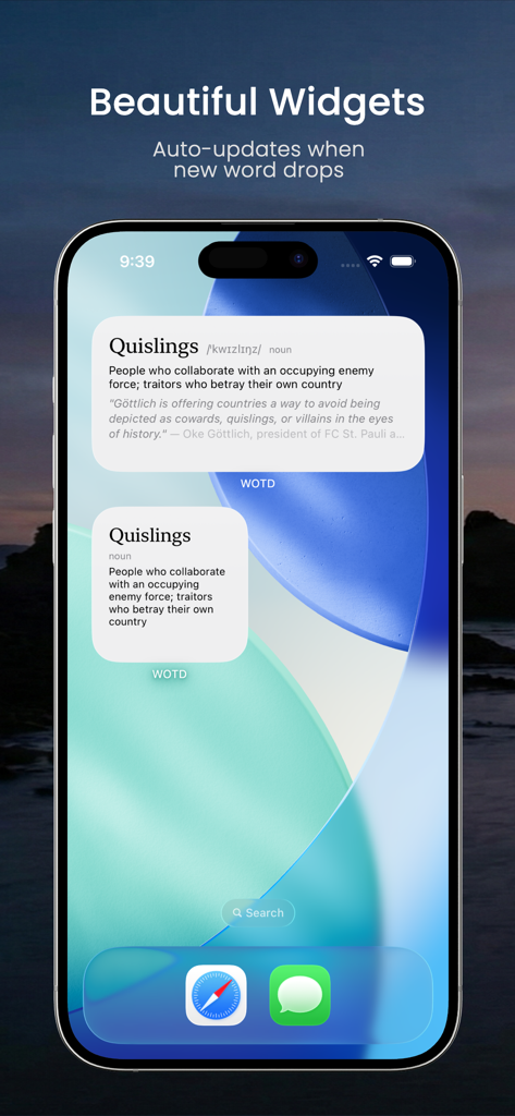 Two minimalist Word of the Day widgets on an iPhone home screen displaying the definition of Quislings.