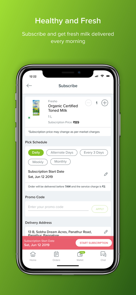 bbdaily app milk subscription screen showing delivery schedule options and fresh milk product details